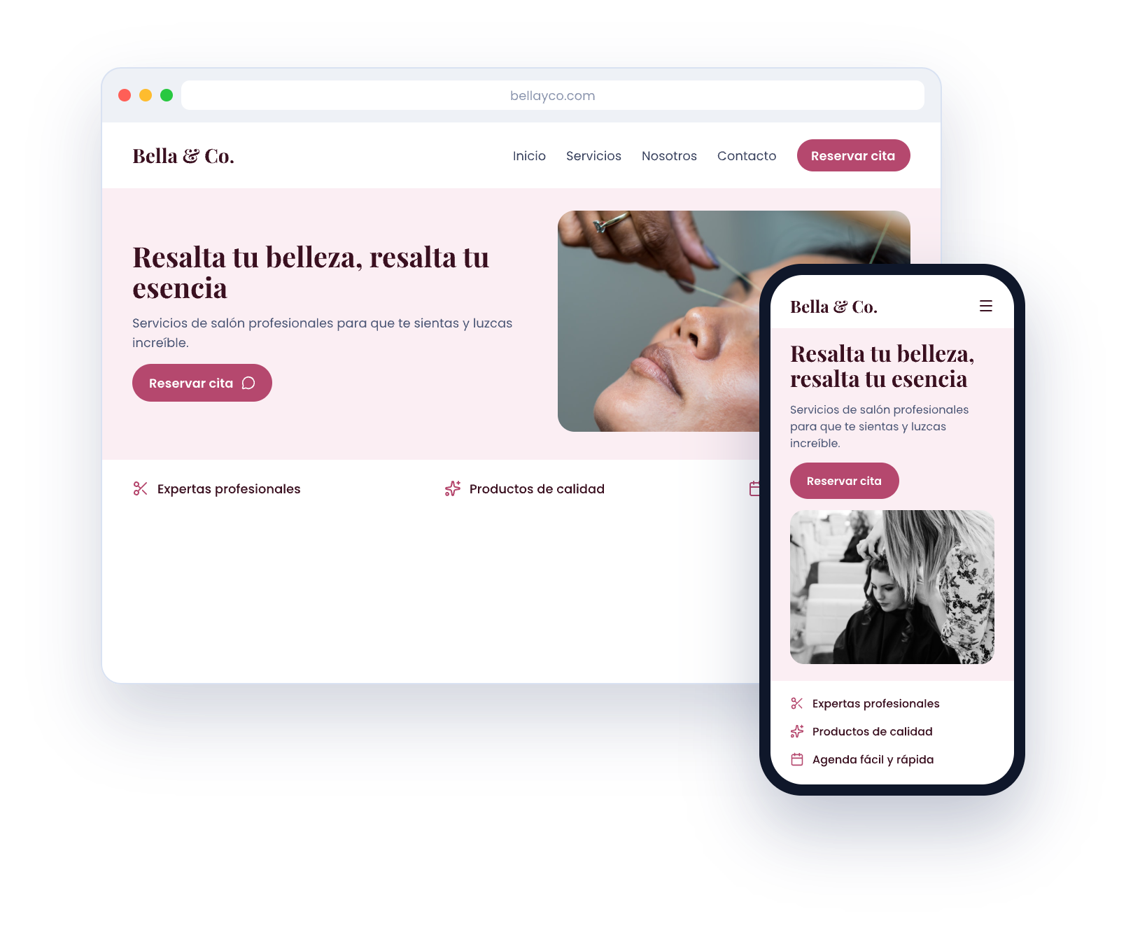 Ejemplo de landing page para un salón de belleza, vista en laptop y celular